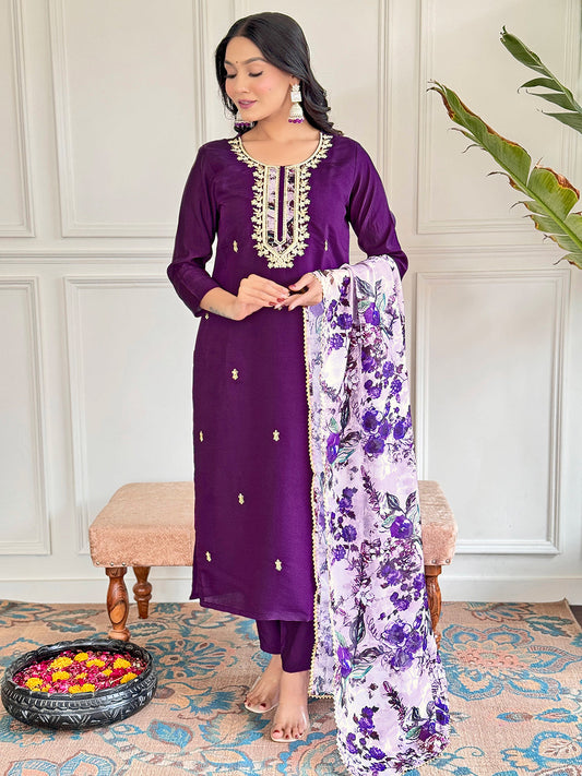 Teeya Creation Purple Colour Viscose Chanderi Embroidery Work Fully Stitched Kurti Set