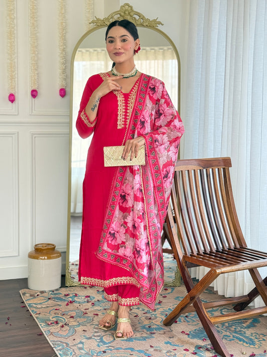 Teeya Creation Rani Colour Viscose Slub Embroidery Work Fully Stitched Kurti Set