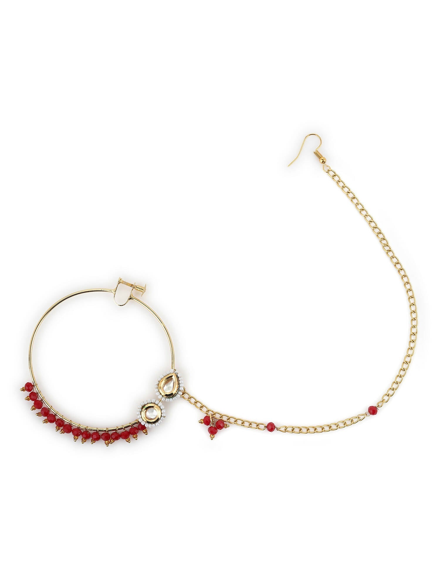Gold-Plated White Red Kundan-Studded Pearl Beaded Nosepin - Ruby Raang - Grab2buy
