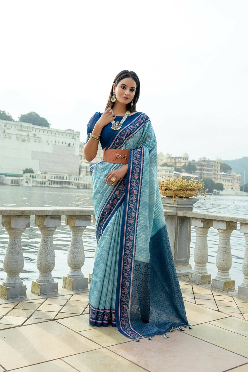 Aastha Fashion Blue Floral Printed Cotton Silk Saree with Blouse - Grab2buy