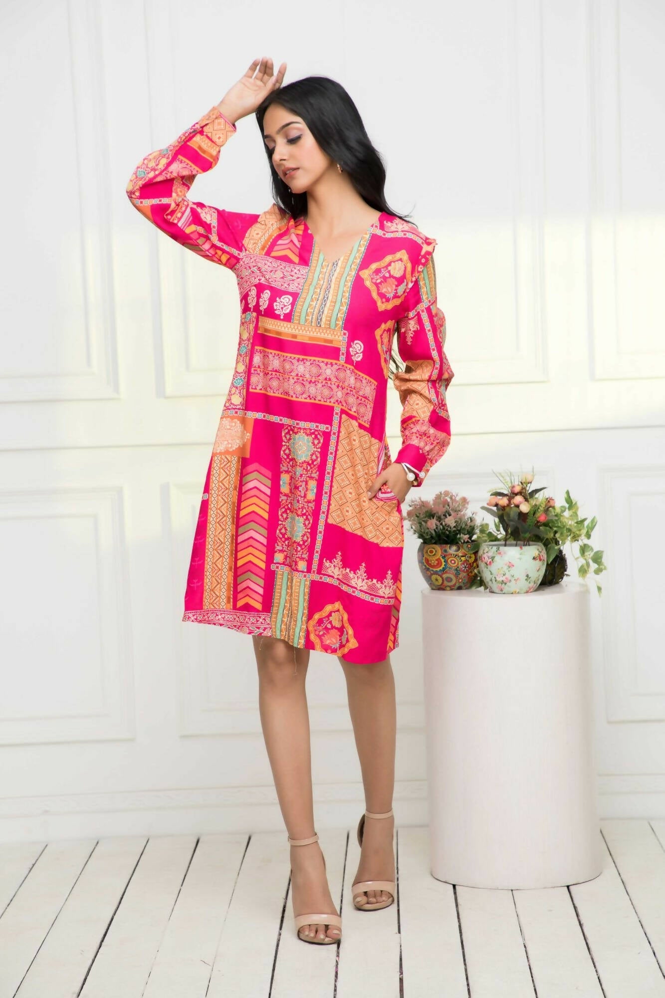 Myshka Women Red Geometric Rayon A-Line Round Neck Dress - Grab2buy