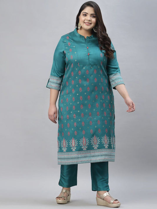 Sztori Plus Size Floral Foil Printed Straight Kurta With Trouser