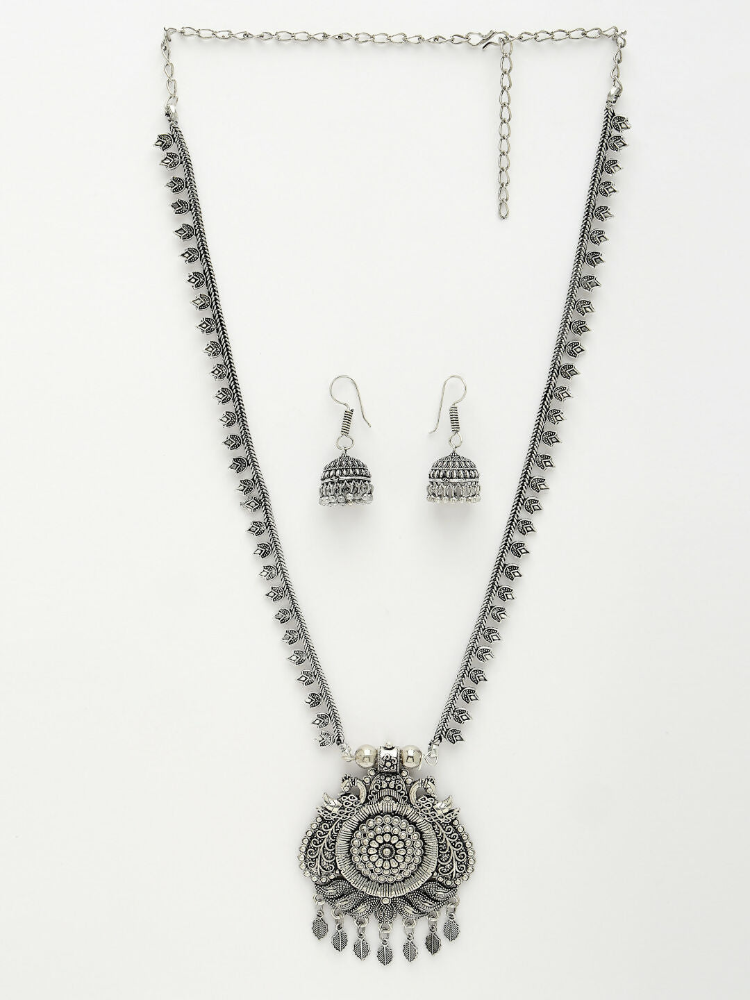 NVR Women's Silver-Toned Peacock Design Oxidized Necklace with Jhumka Earrings - Grab2buy