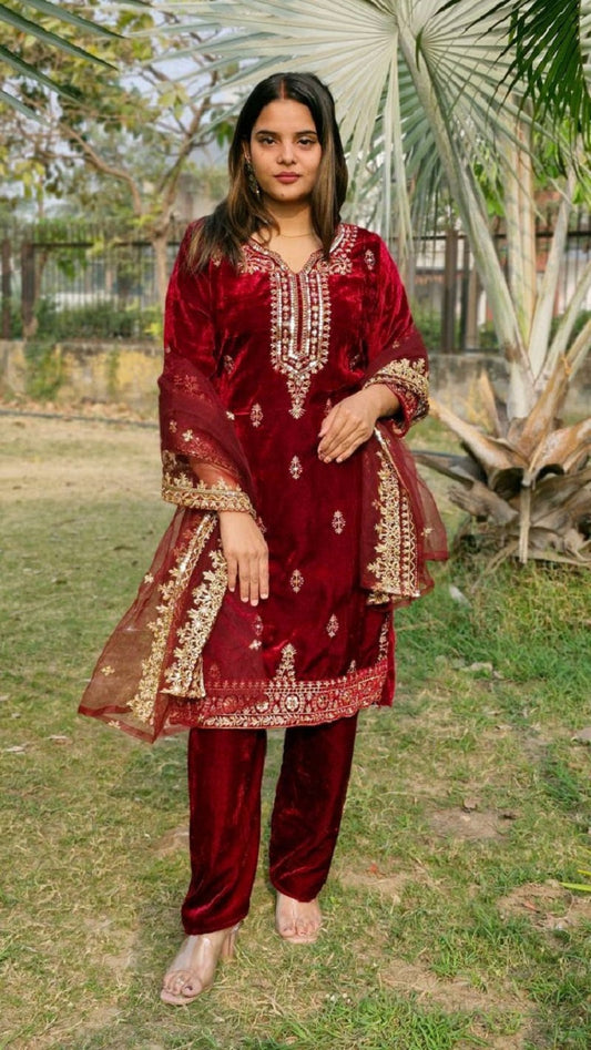 Lehenga Mart Designer Velvet Ready to wear Kurta Pant Dupatta for Women