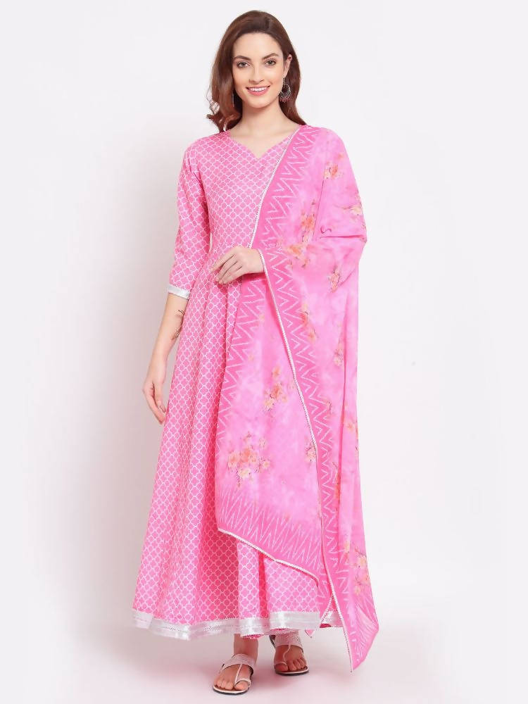 Myshka Women's Pink Printed Cotton Blend 3/4 Sleeve V Neck Casual Anarkali Kurta Dupatta Set