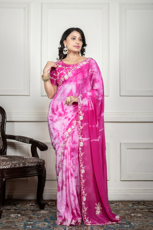 Morchari Pink Crepe Hand Embroidery Saree And Stitched Blouse