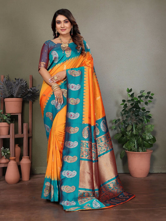 Joban Fashion Banarasi Orange Butti Soft Silk Saree | Swadesiicart