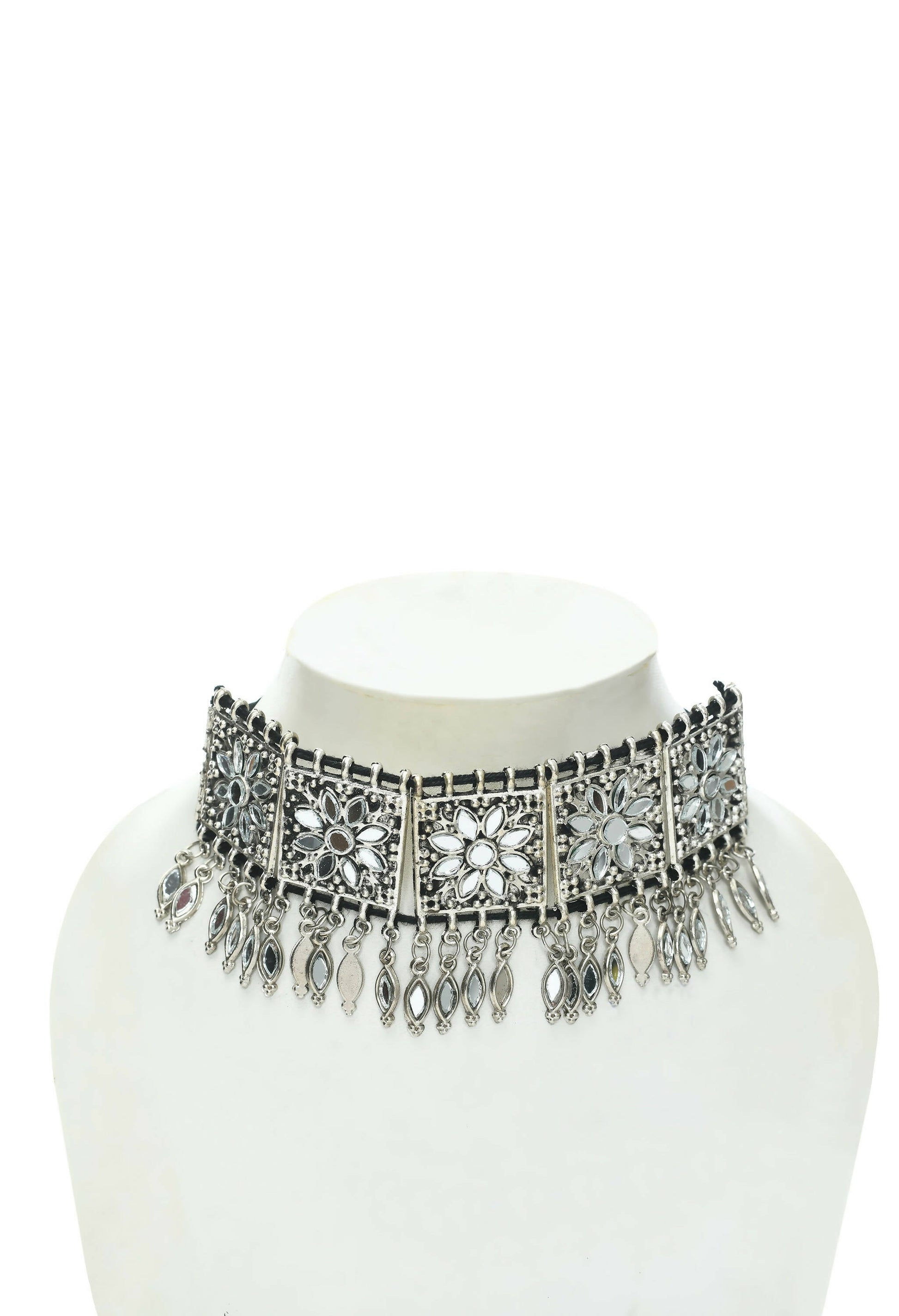 Mominos Fashion Johar Kamal Women Silver-Plated Brass Finish Mirror Work Choker - Grab2buy