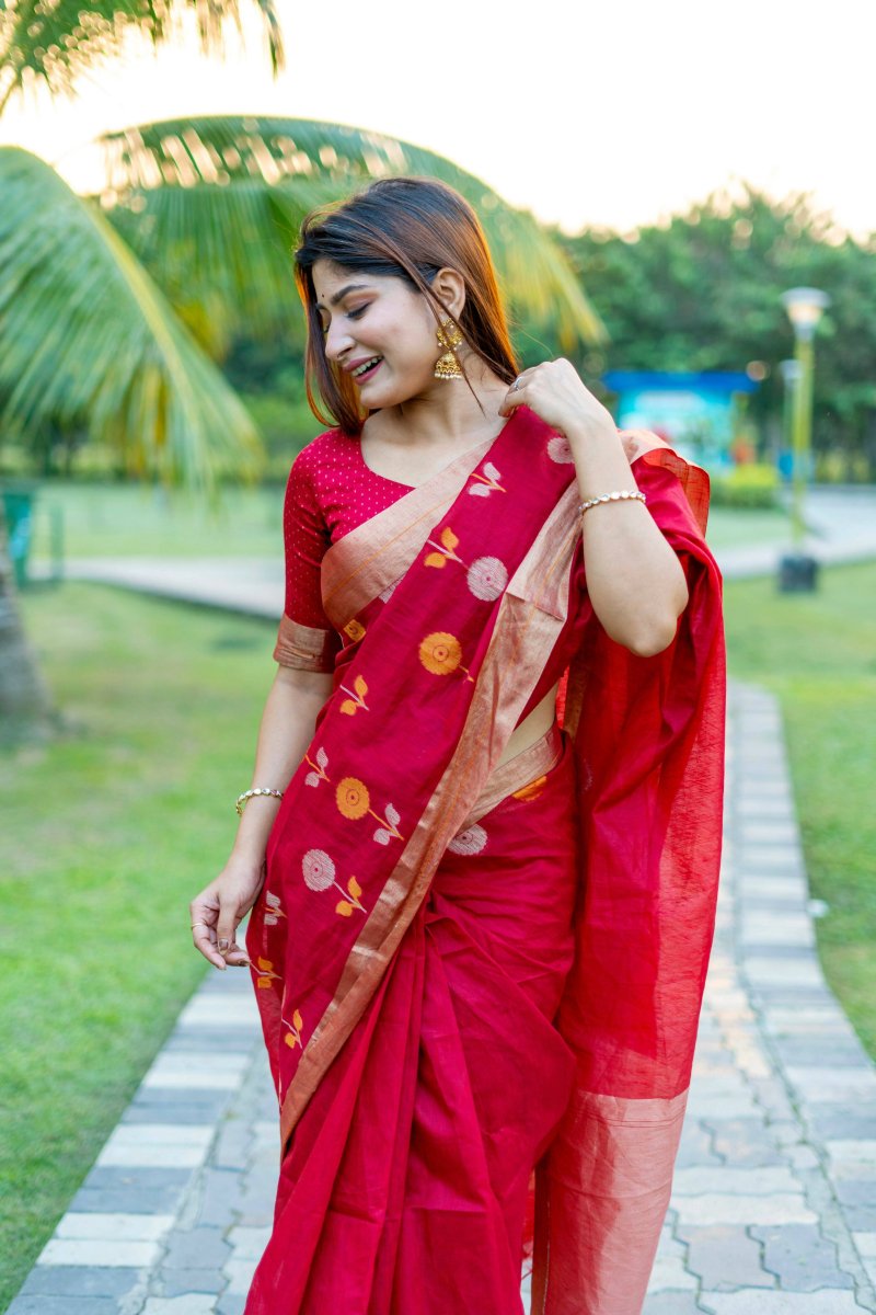 Aastha Fashion Red Woven Cotton Silk Saree with Blouse - Grab2buy
