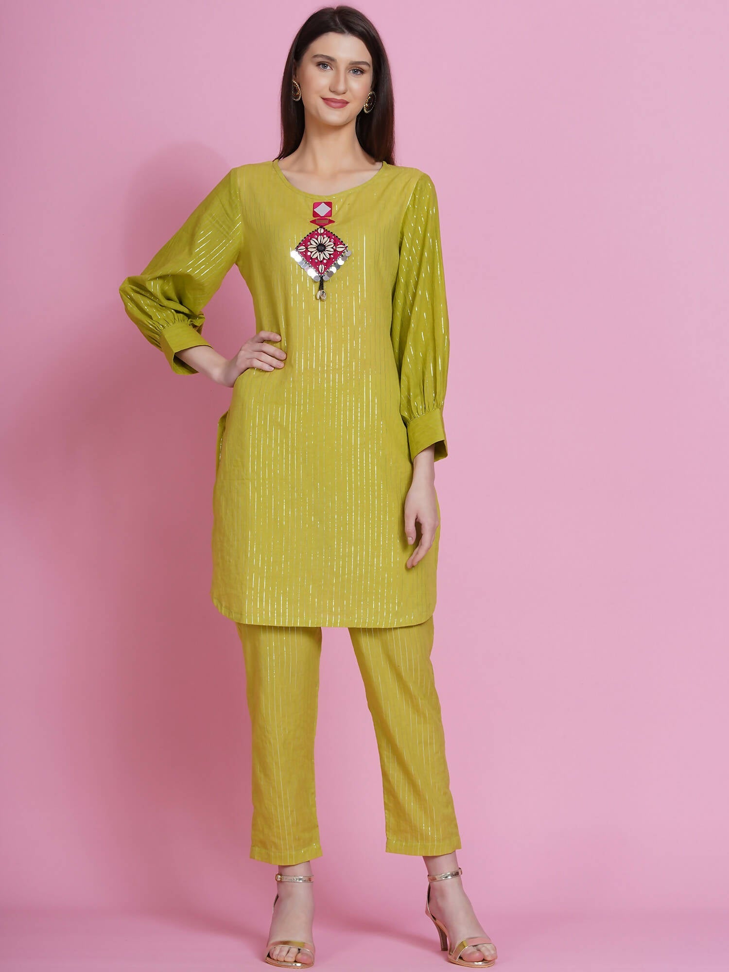 Women Republic Green Lurex Cotton Hand Embroidered Kurta With Pants - Grab2buy