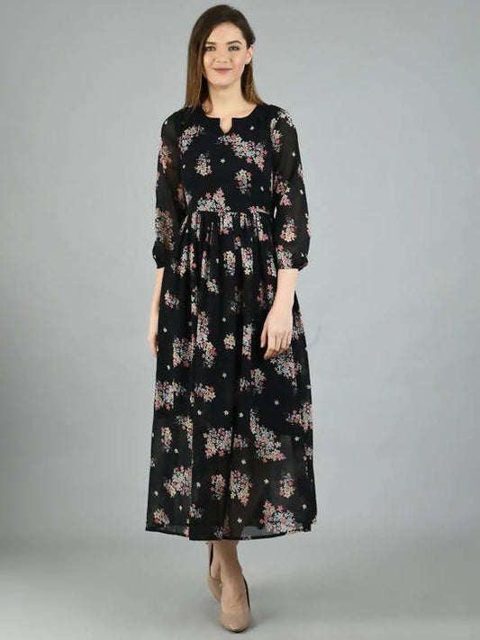 Myshka Women's Black Georgette Printed 3/4 Sleeve Round Neck Casual Dress