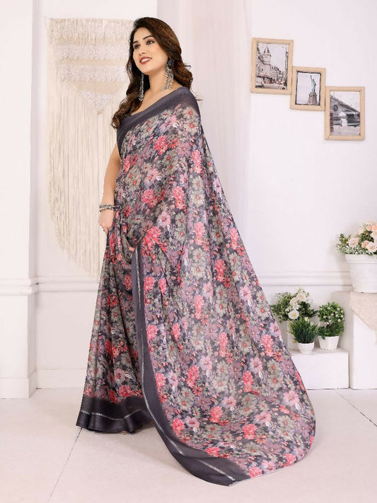 PR Fashion Black Bright Moss Satin Patta Printed Saree