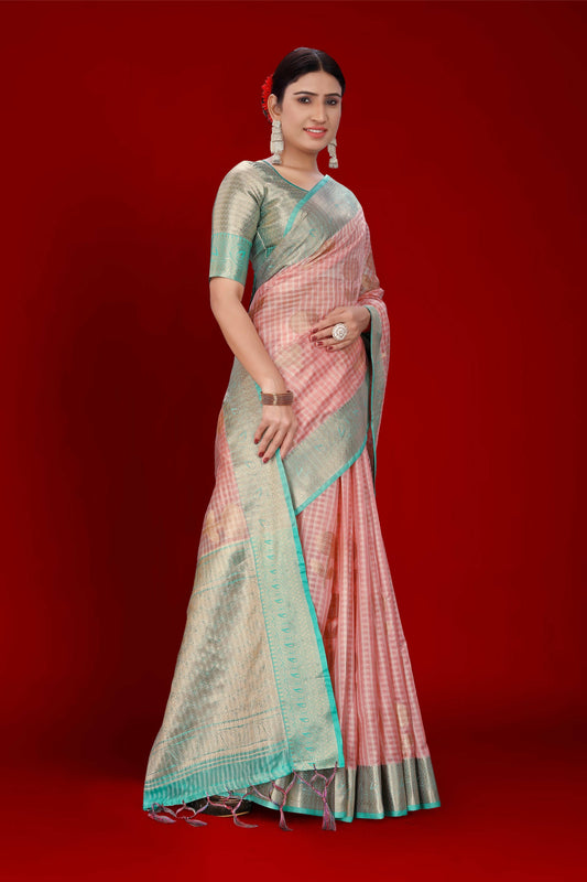 Pink Soft Organza Woven Design Saree With Unstitched Blouse Piece - Zaara
