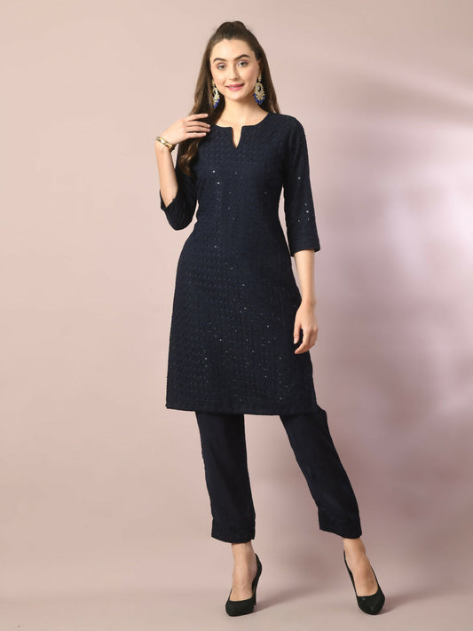 Myshka Women's Navy Blue Embroidered Cotton Straight Party Kurta Set