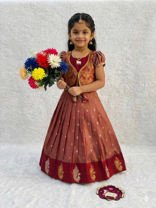 Teeya Creation New Designer Girls Rust Red Silk Traditional Langa Voni Lehenga Set With Koti Jacket-Red