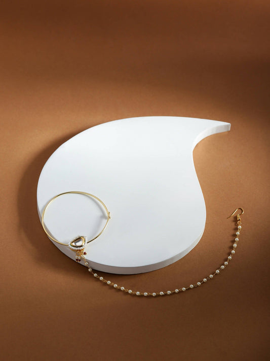 Gold Plated White Kundan Studded Nose Pin With Beaded Extension - Ruby Raang - Grab2buy