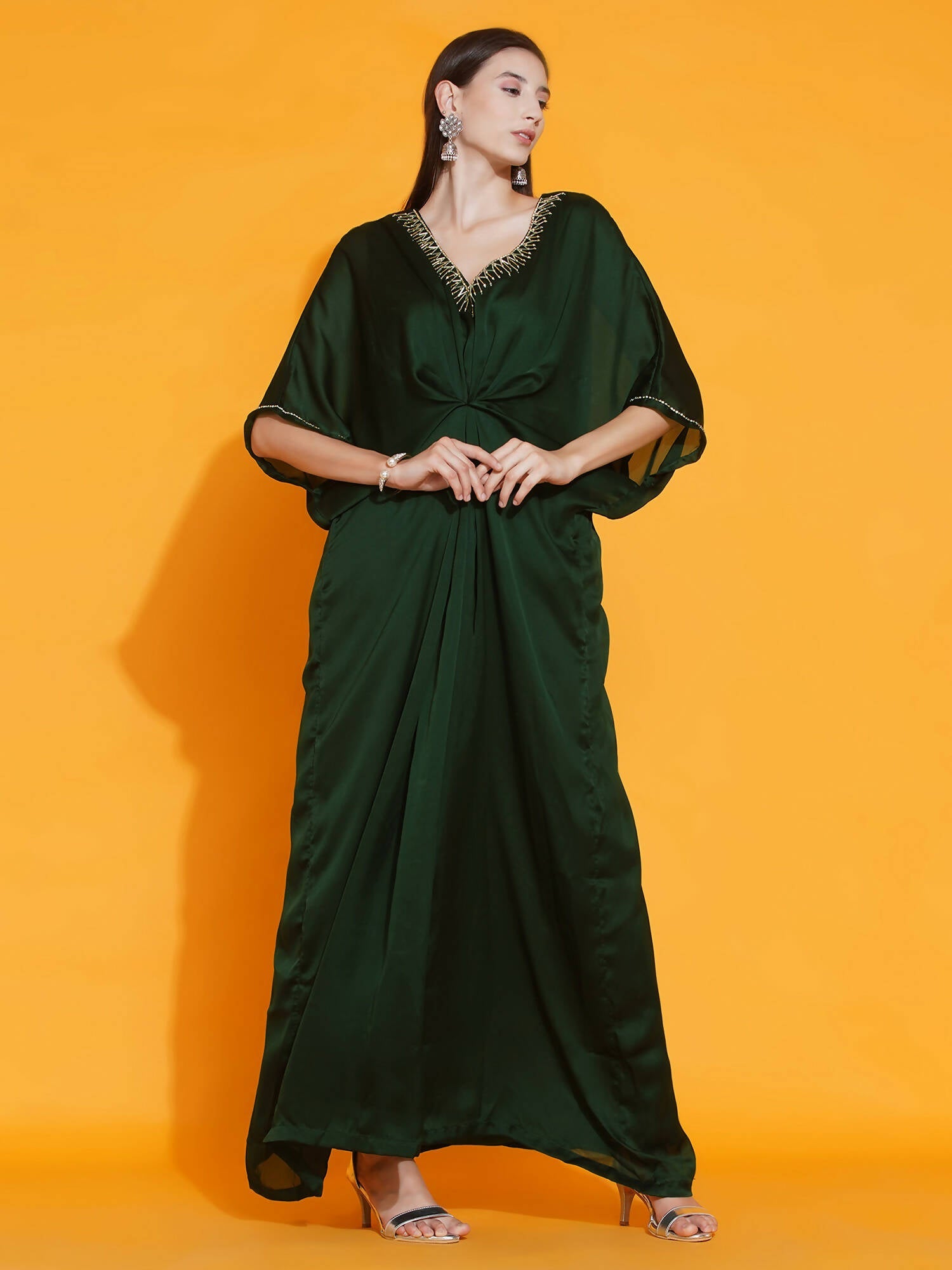 Women Republic Green Georgette Hand Embellished Kaftan Style Gown - Grab2buy