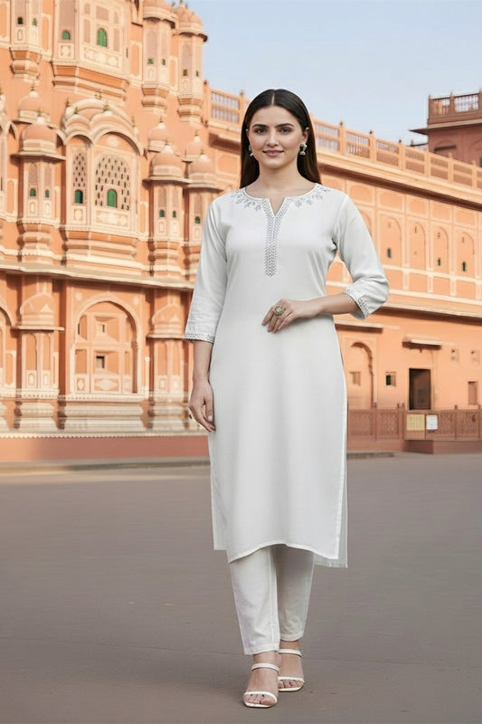 SRS Fashion White Embroidered Rayon Straight Kurta Set