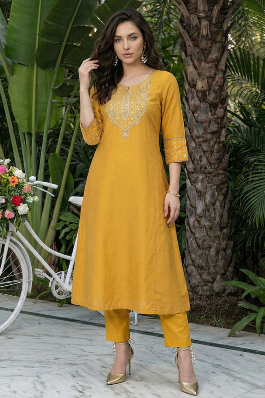 W for Woman Mustard Embroidered A-Line Rayon Kurta