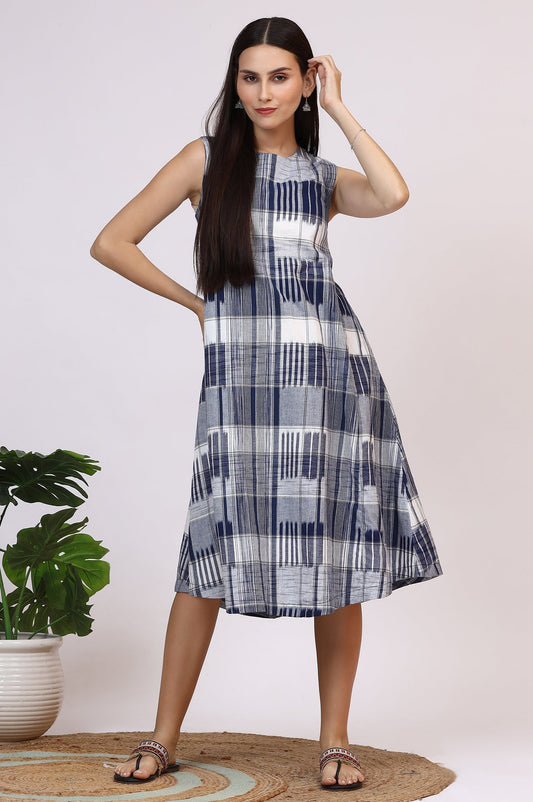 W for Woman White and Blue Ikkat Pure Cotton Sleeveless Trapeze Dress Grab2Buy WforWoman Grab2Buy