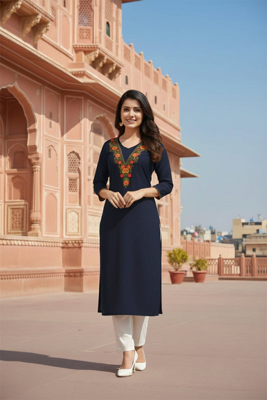 SRS Fashion Black Embroidered Rayon Straight Kurta Set