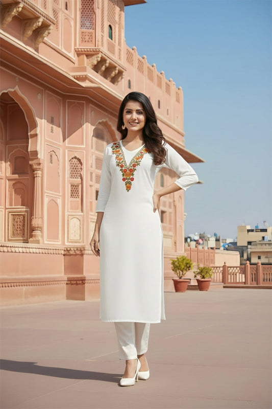 SRS Fashion White Embroidered Rayon Straight Kurta Set