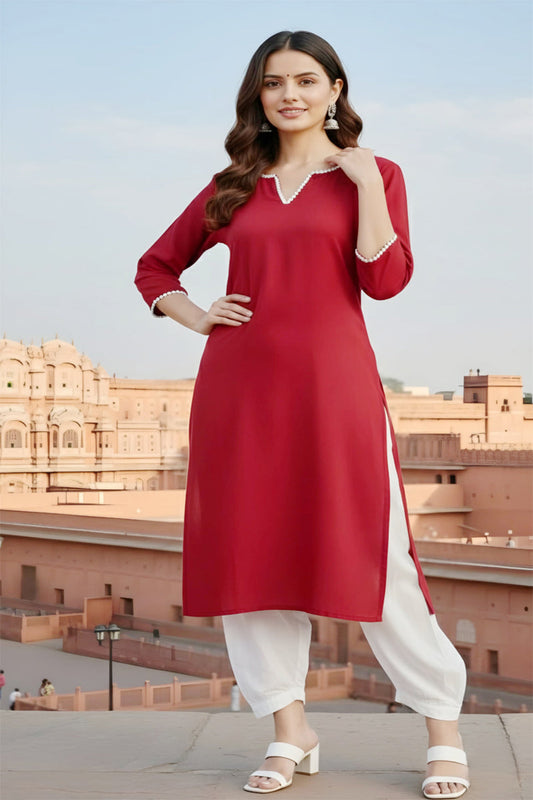 SRS Fashion Red Embroidered Rayon Straight Kurta Set