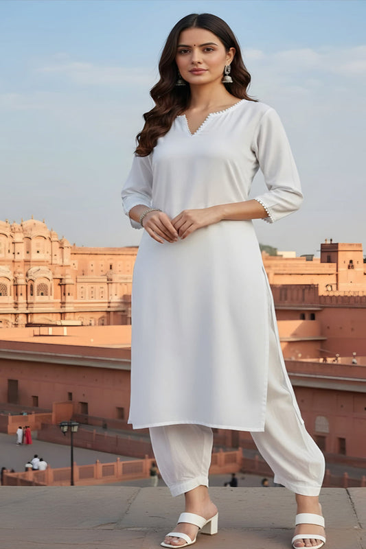 SRS Fashion White Embroidered Rayon Straight Kurta Set