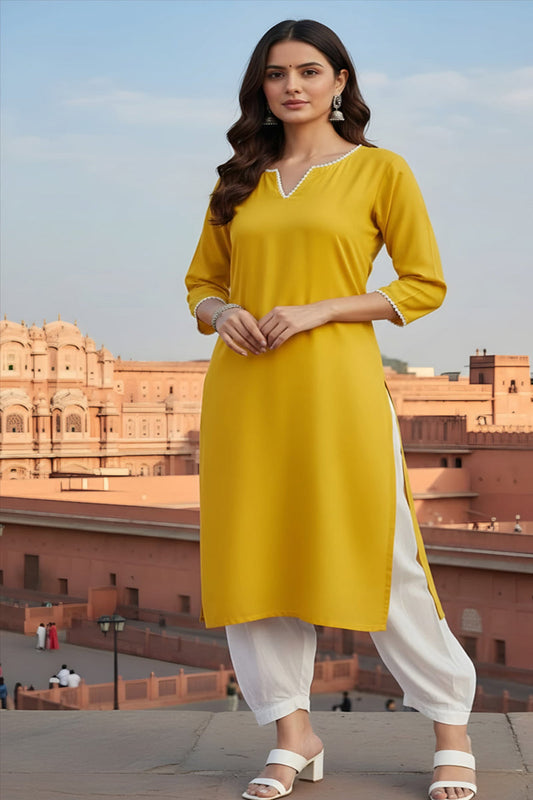 SRS Fashion Yellow Embroidered Rayon Straight Kurta Set