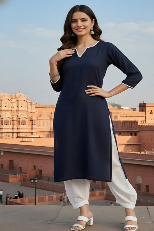 SRS Fashion Blue Embroidered Rayon Straight Kurta Set