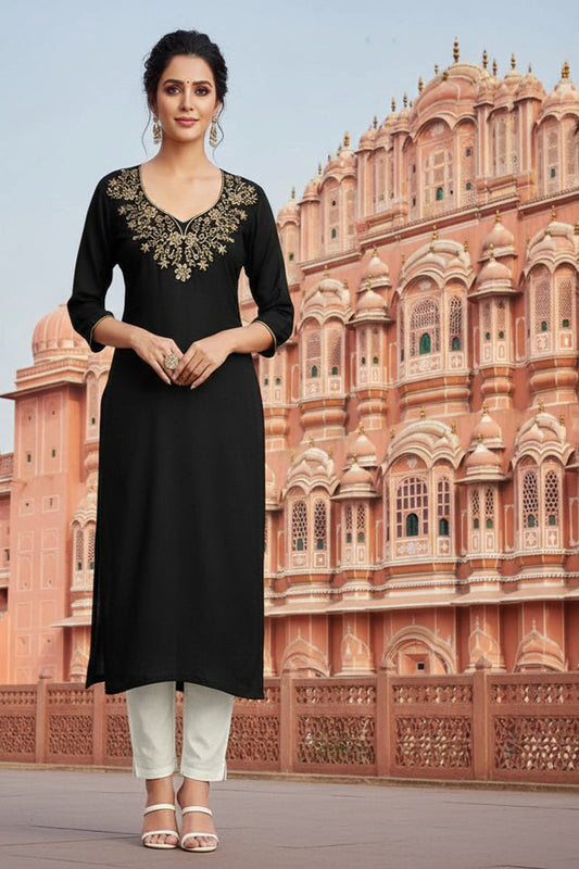 SRS Fashion Black Embroidered Rayon Straight Kurta Set