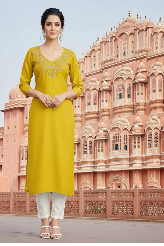 SRS Fashion Yellow Embroidered Rayon Straight Kurta Set