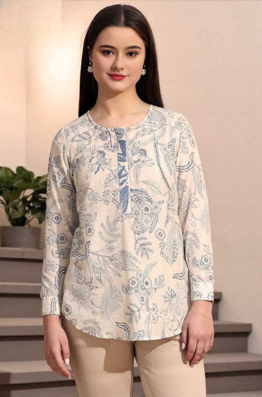 W for Woman White and blue printed top with thread embroidery Grab2Buy WforWoman Grab2Buy