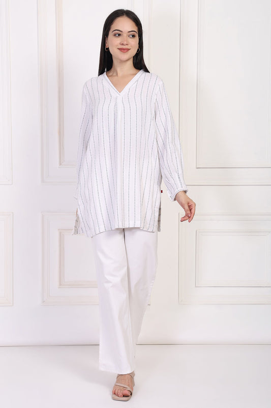 W for Woman White Striped Straight Cotton Tunic Grab2Buy WforWoman Grab2Buy