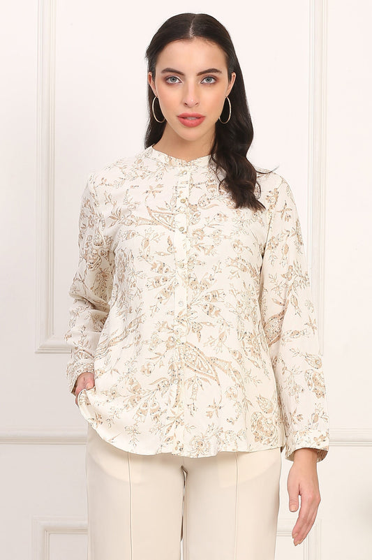 W for Woman White Floral Printed Dobby Mandarin Collar Top Grab2Buy WforWoman Grab2Buy