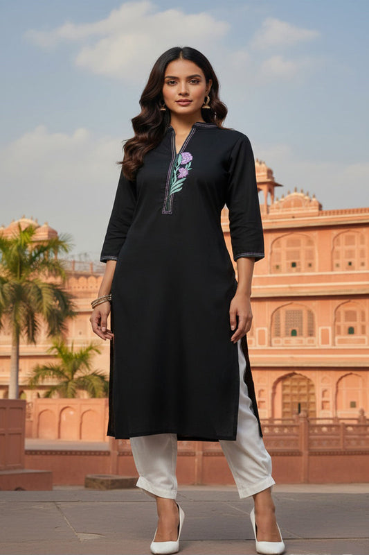 SRS Fashion Black Embroidered Rayon Straight Kurta Set