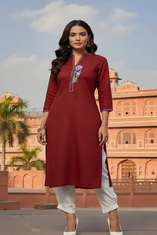 SRS Fashion Red Embroidered Rayon Straight Kurta Set