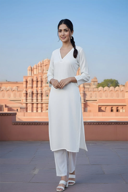 SRS Fashion White Embroidered Rayon Straight Kurta Set