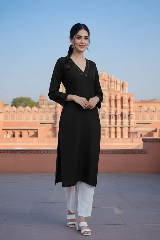 SRS Fashion Black Embroidered Rayon Straight Kurta Set