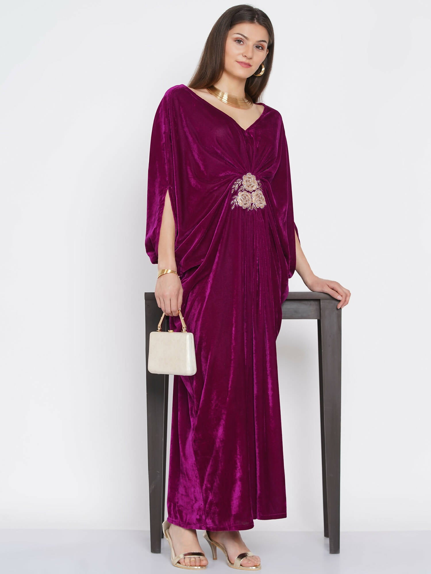 Women Republic Wine Velvet Embroiderd Gown - Grab2buy