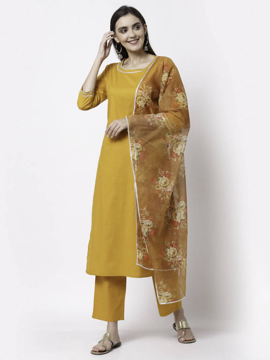 Myshka Trendy Women's Cotton Round Neck Casual Kurta Pant Dupatta Set