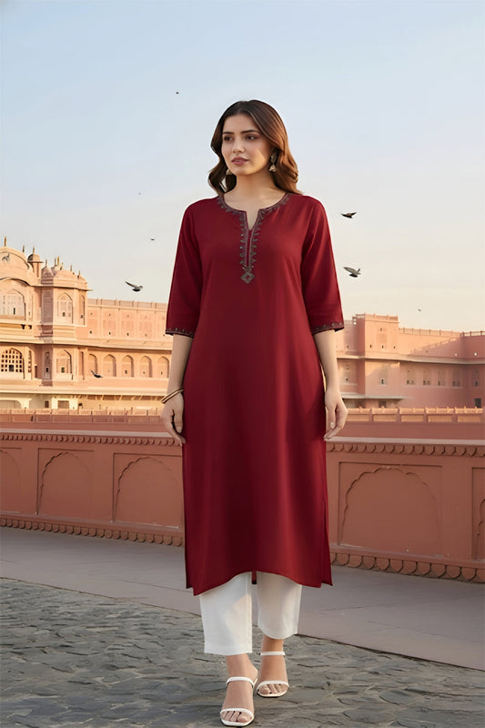 SRS Fashion Red Embroidered Rayon Straight Kurta Set
