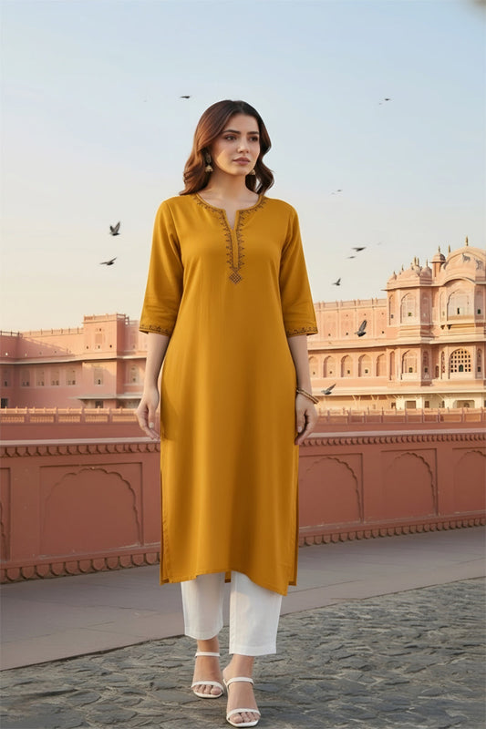 SRS Fashion Yellow Embroidered Rayon Straight Kurta Set