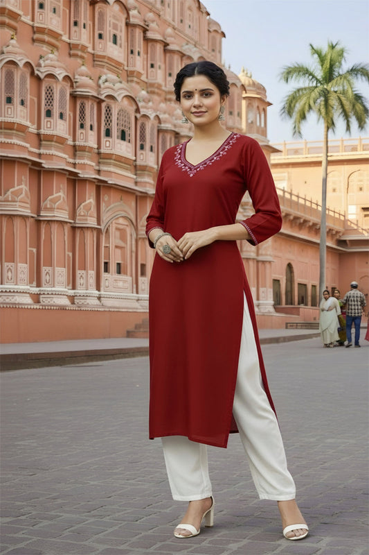 SRS Fashion Red Embroidered Rayon Straight Kurta Set