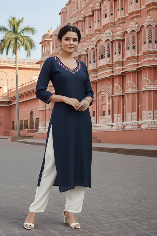 SRS Fashion Blue Embroidered Rayon Straight Kurta Set