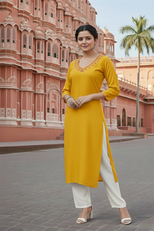 SRS Fashion Yellow Embroidered Rayon Straight Kurta Set