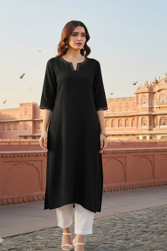 SRS Fashion Black Embroidered Rayon Straight Kurta Set