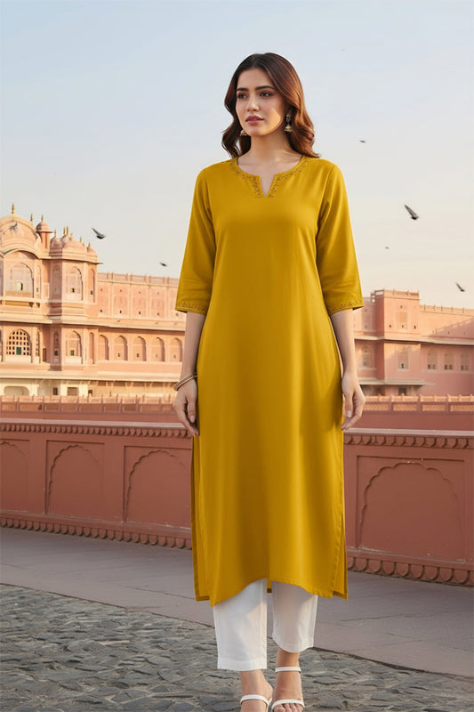 SRS Fashion Yellow Embroidered Rayon Straight Kurta Set