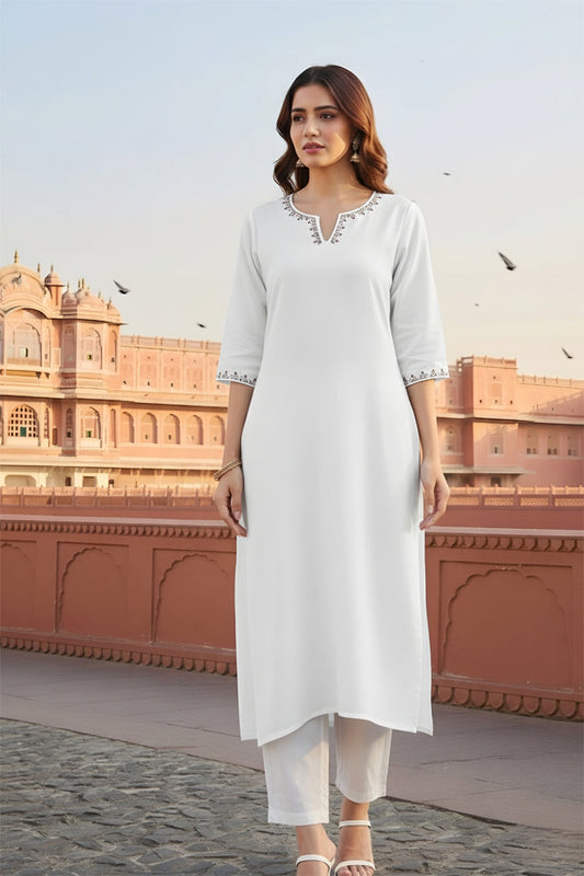 SRS Fashion White Embroidered Rayon Straight Kurta Set
