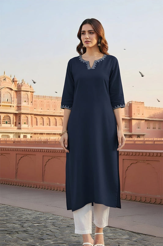 SRS Fashion Blue Embroidered Rayon Straight Kurta Set
